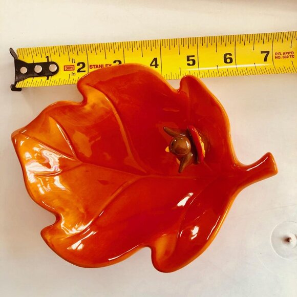 Russ, Adorable, Ceramic, Orange Leaf Trinket Dish with Small Turkey, appx 6"x7" - Picture 8 of 10
